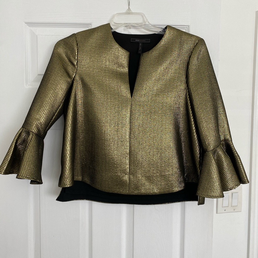 BCBG Max Azria gold blouse w/ bell sleeve detail